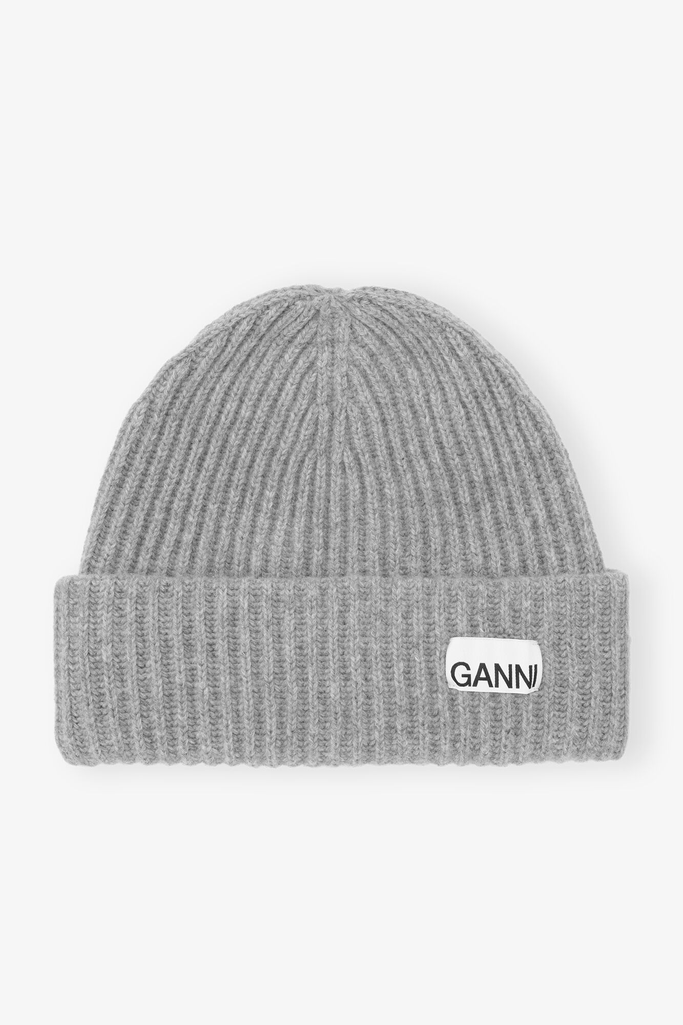 Oversized Wool Rib Knit Beanie, Recycled Polyamide, in colour Paloma Melange - 1 - GANNI
