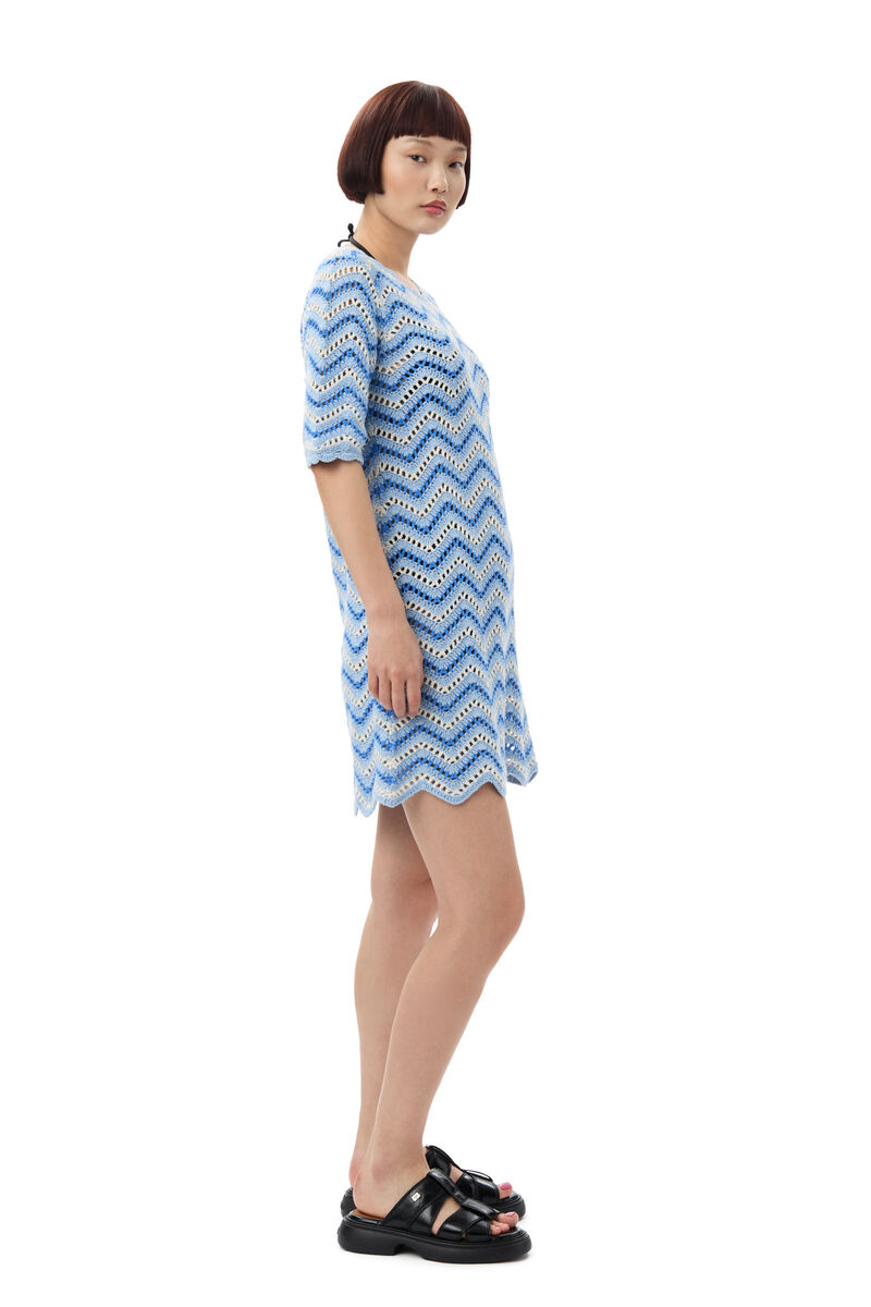 Blue Cotton Crochet Mini Dress, Cotton, in colour Heather - 3 - GANNI