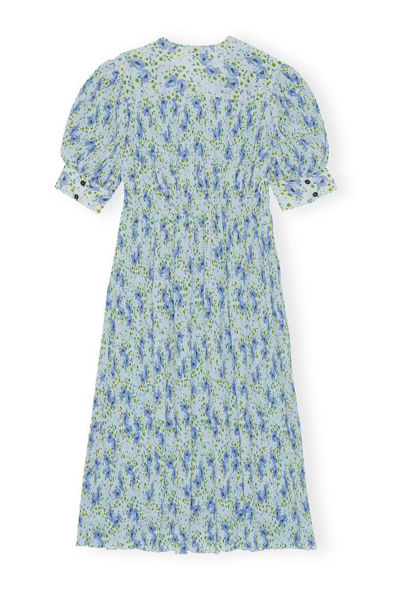 Pleated Georgette V-neck Smock Midi Dress, Recycled Polyester, in colour Ice Water - 2 - GANNI