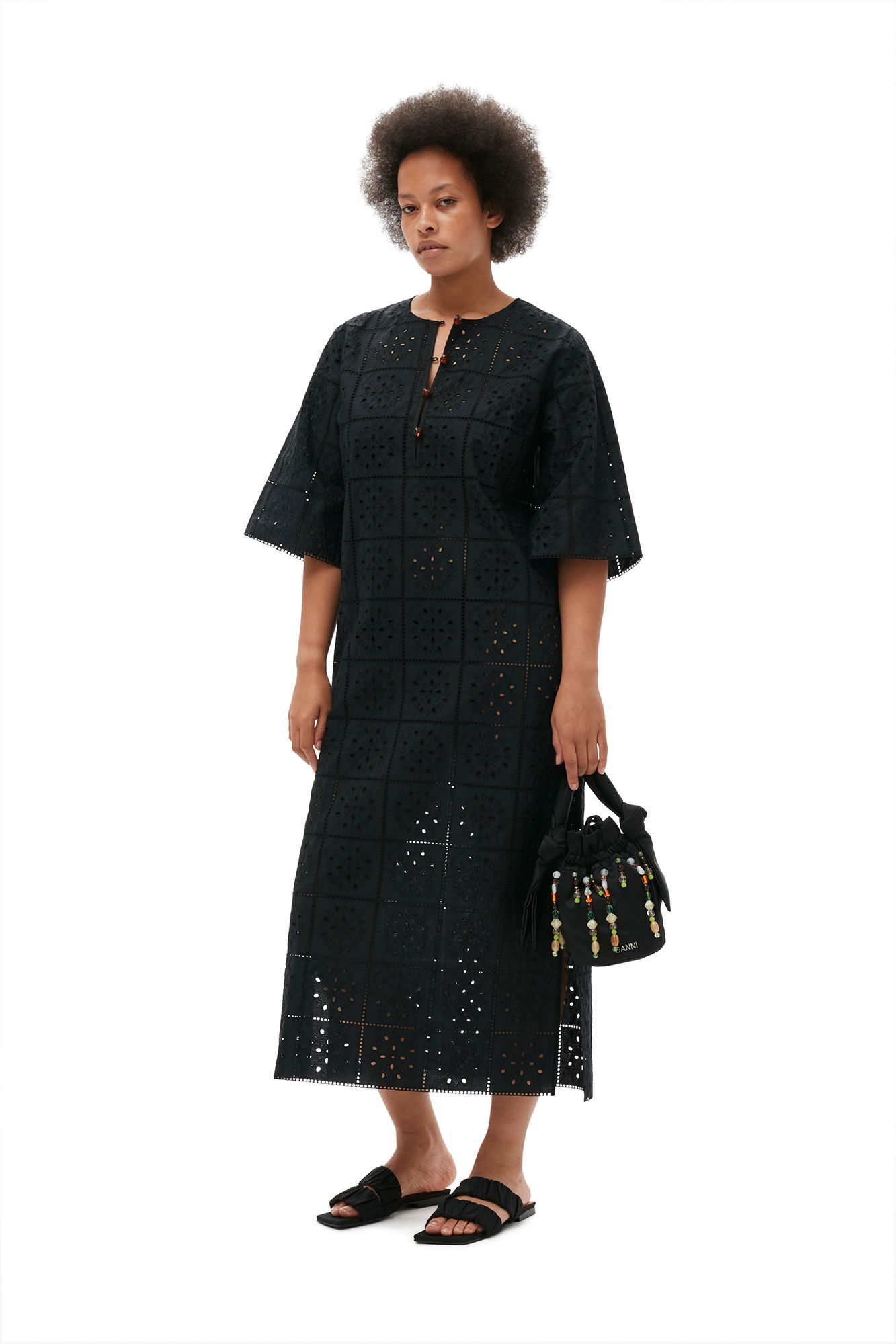 Broderie Anglaise T-shirt Dress, Cotton, in colour Black - 5 - GANNI