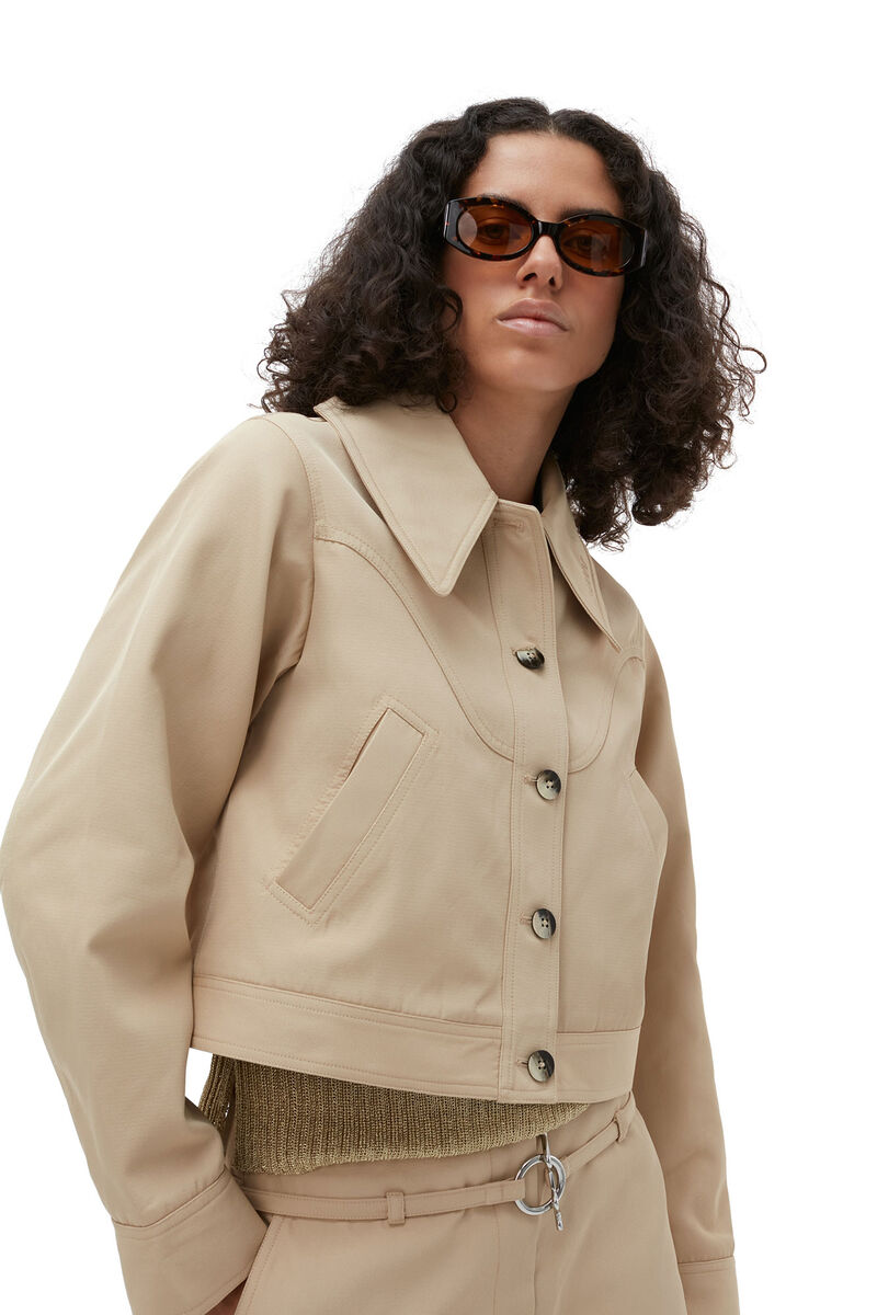 Kurze Jacke aus Heavy Twill, Recycled Polyester, in colour Pale Khaki - 1 - GANNI