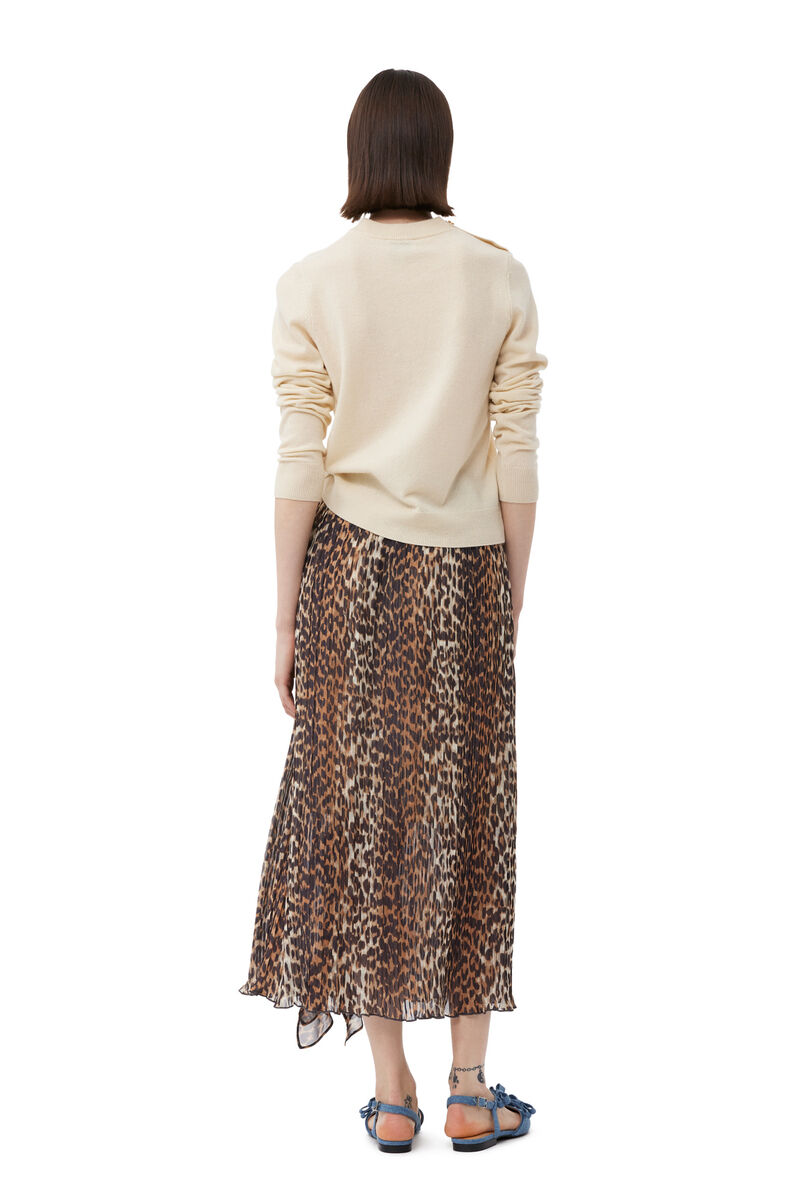 Jupe Leopard Pleated Georgette Midi Flounce, Recycled Polyester, in colour Almond Milk - 2 - GANNI
