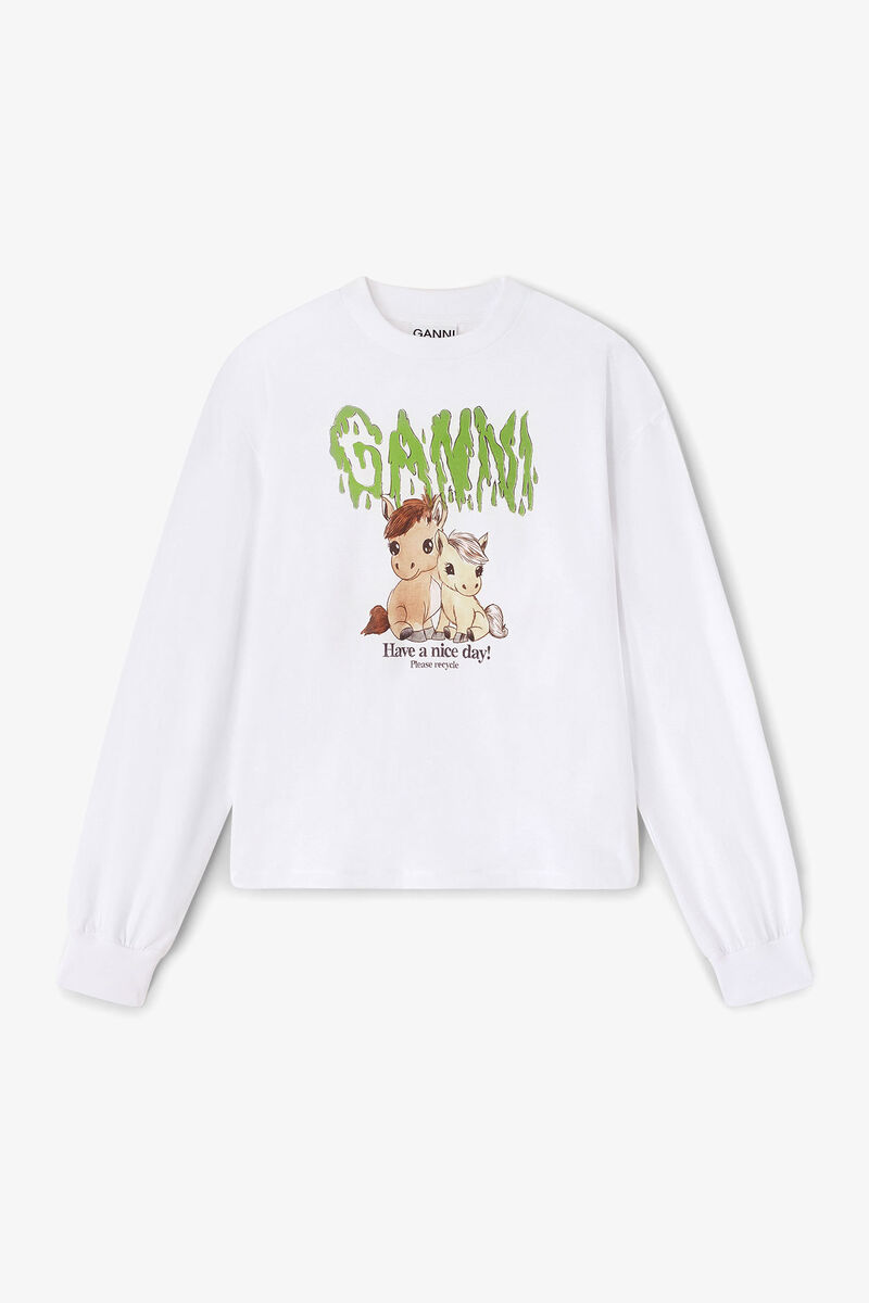 Haut &agrave; manches longues en coton blanc &agrave; motif graphique, Organic Cotton, in colour Bright White - 1 - GANNI