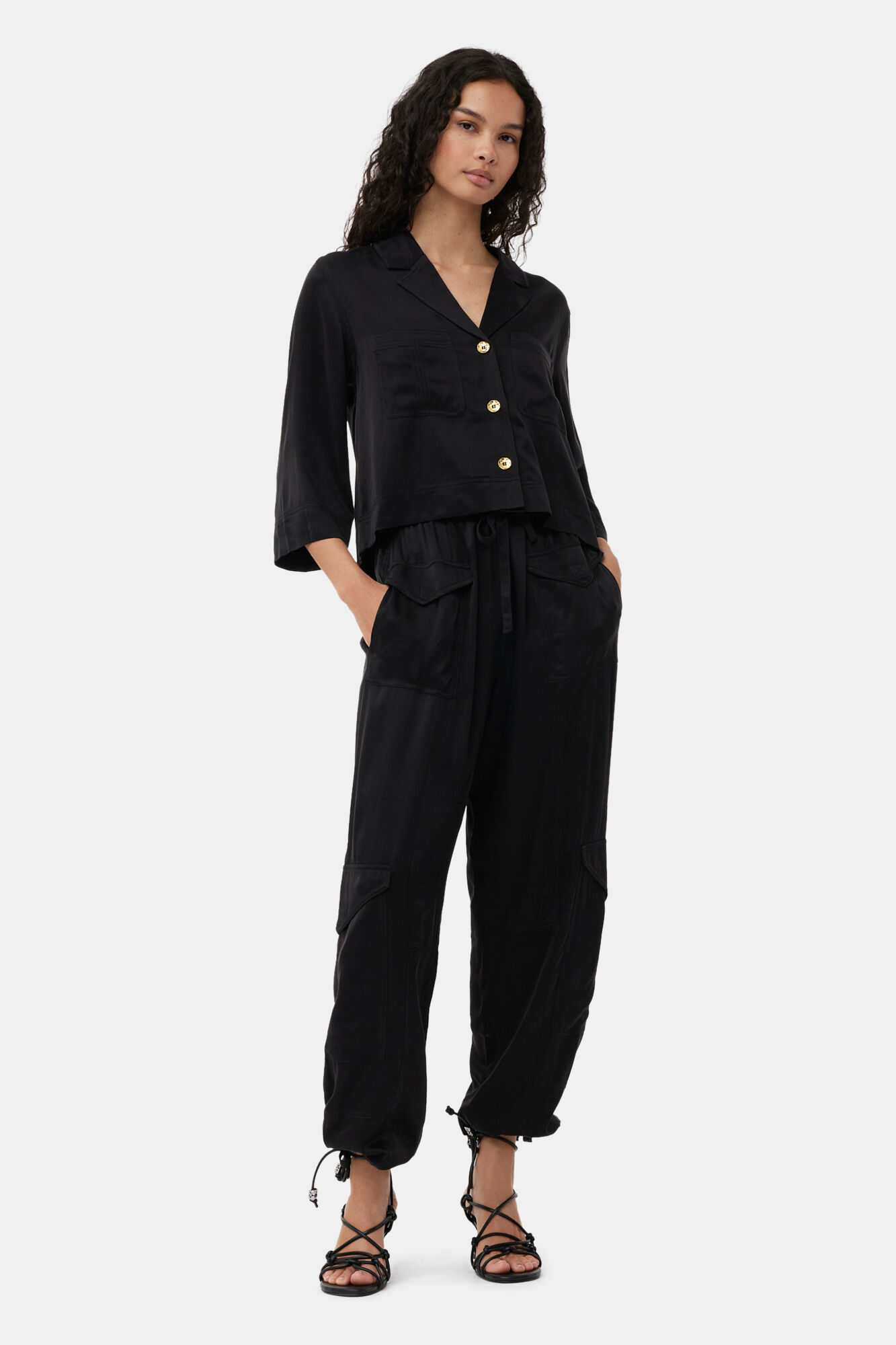 Black Washed Satin Pocket Trousers, Cupro, in colour Black - 1 - GANNI