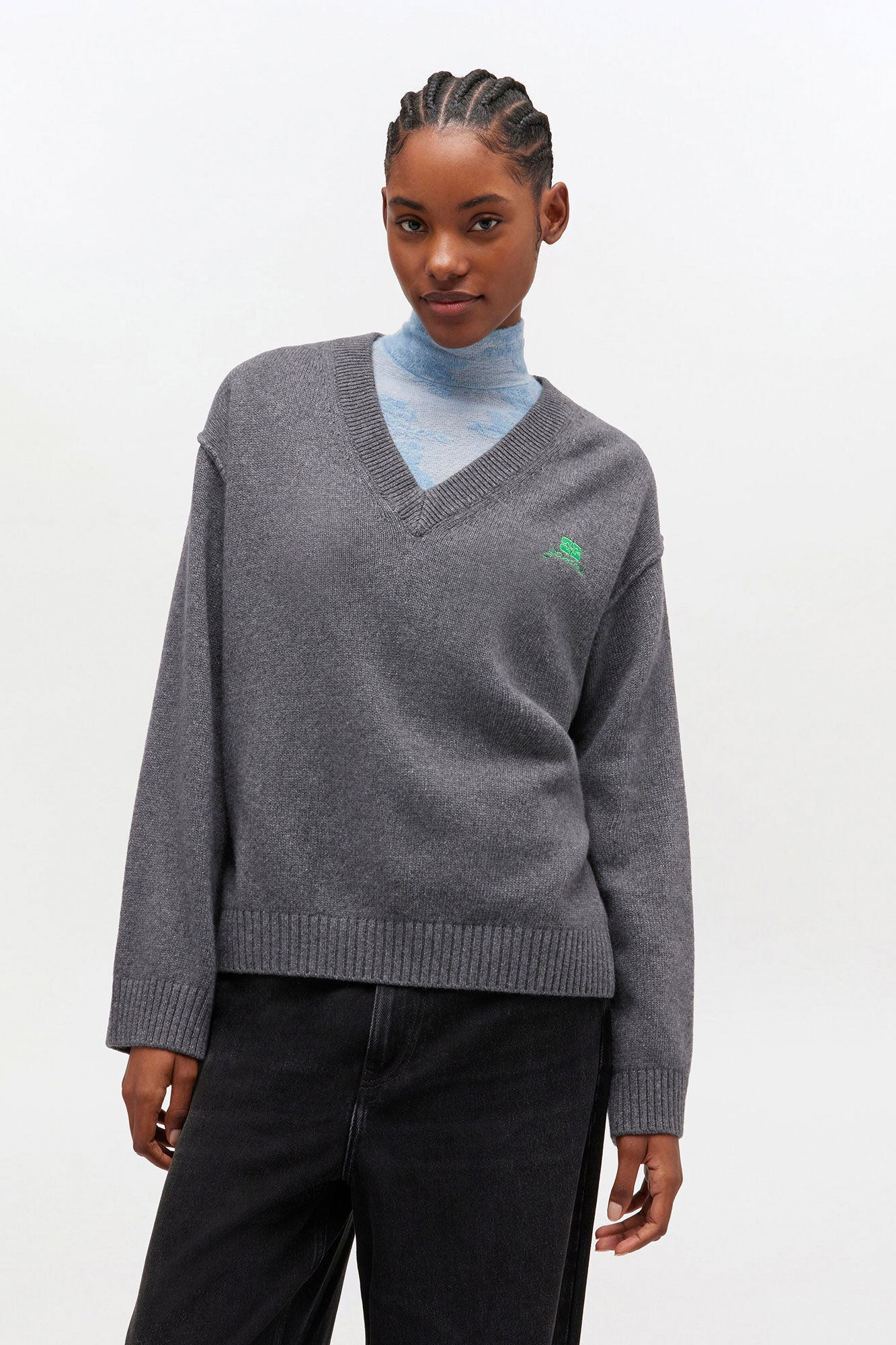 Grey Wool Mix V-neck Jumper, Viscose, in colour Charcoal Grey - 2 - GANNI