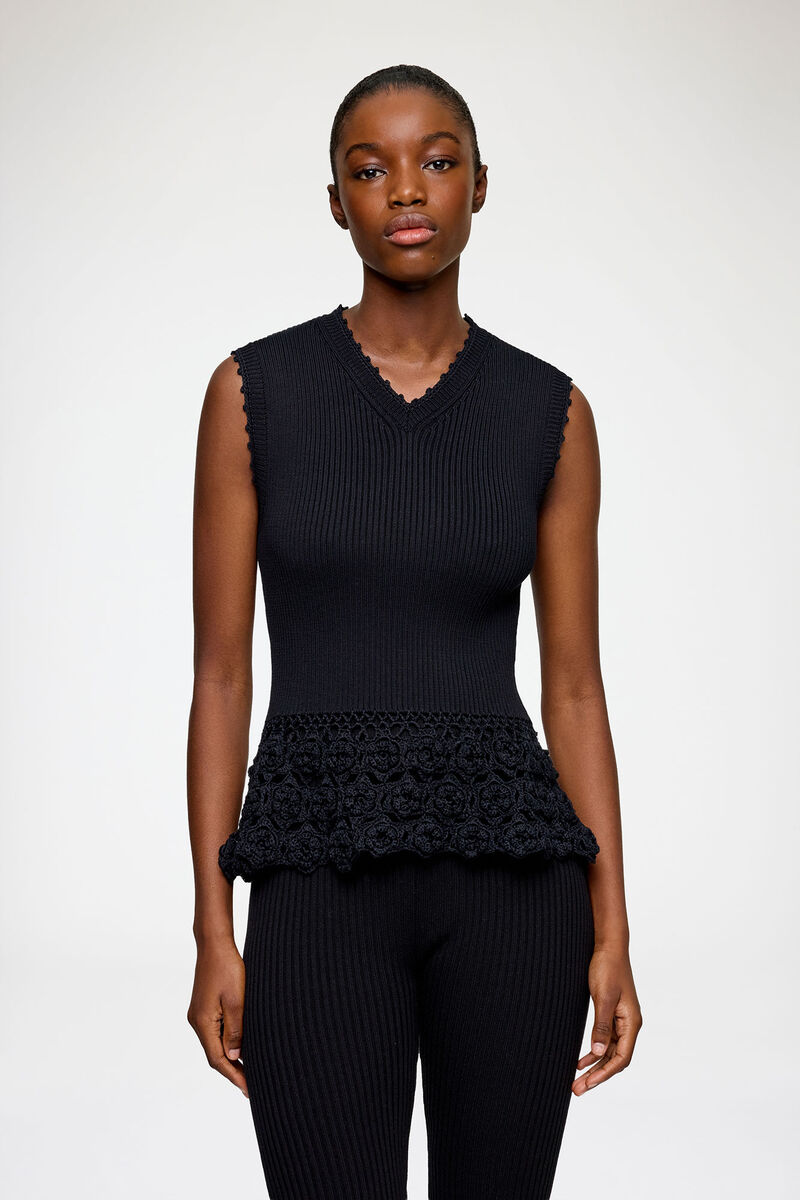 Vest in Cotton Crochet, Organic Cotton, in colour Black - 2 - GANNI