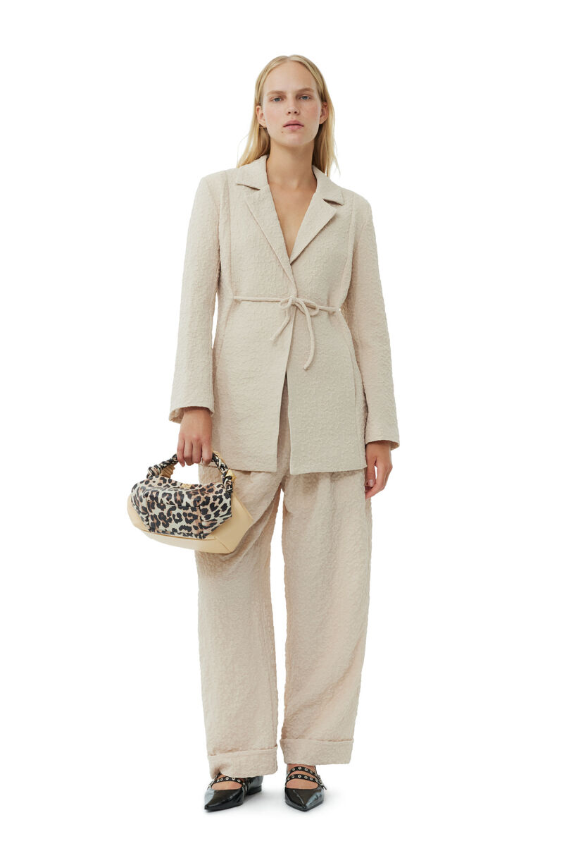 Beige Textured Suiting Tie String Blazer, Polyester, in colour Oyster Gray - 2 - GANNI