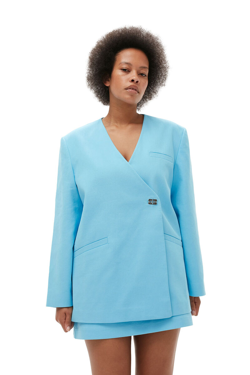 Cotton Suiting Boxy Blazer, Cotton, in colour Ethereal Blue - 7 - GANNI