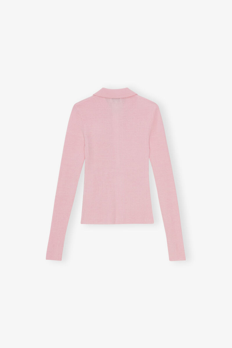 Pink Knitted Polo Shirt, Merino Wool, in colour Chalk Pink - 2 - GANNI