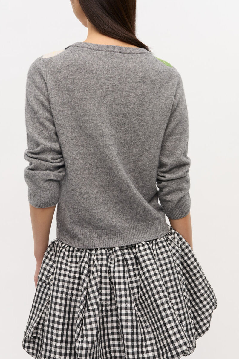 Grey Check Cardigan, Merino Wool, in colour Paloma Melange - 3 - GANNI