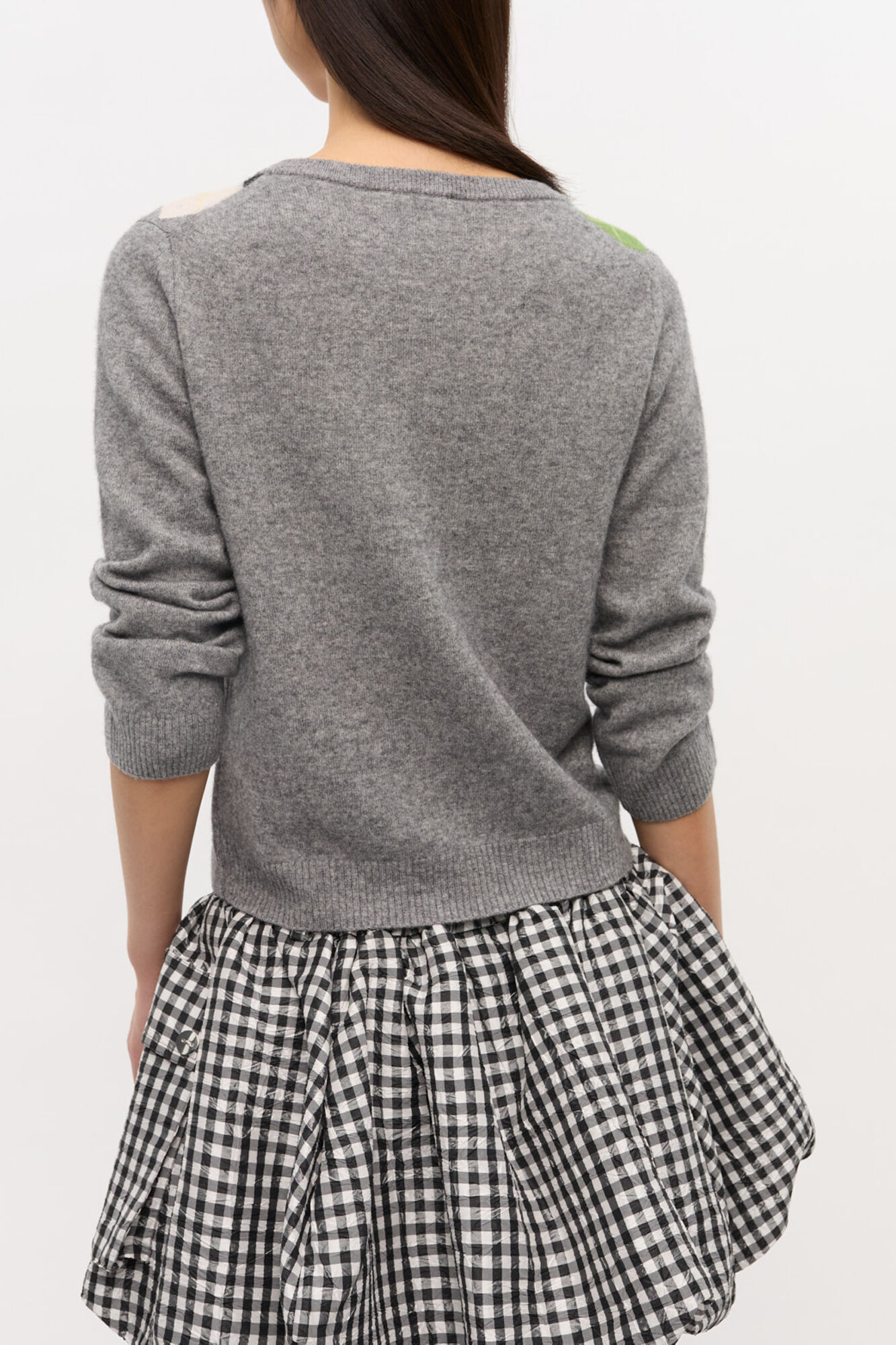 Grey Check Cardigan, Merino Wool, in colour Paloma Melange - 3 - GANNI