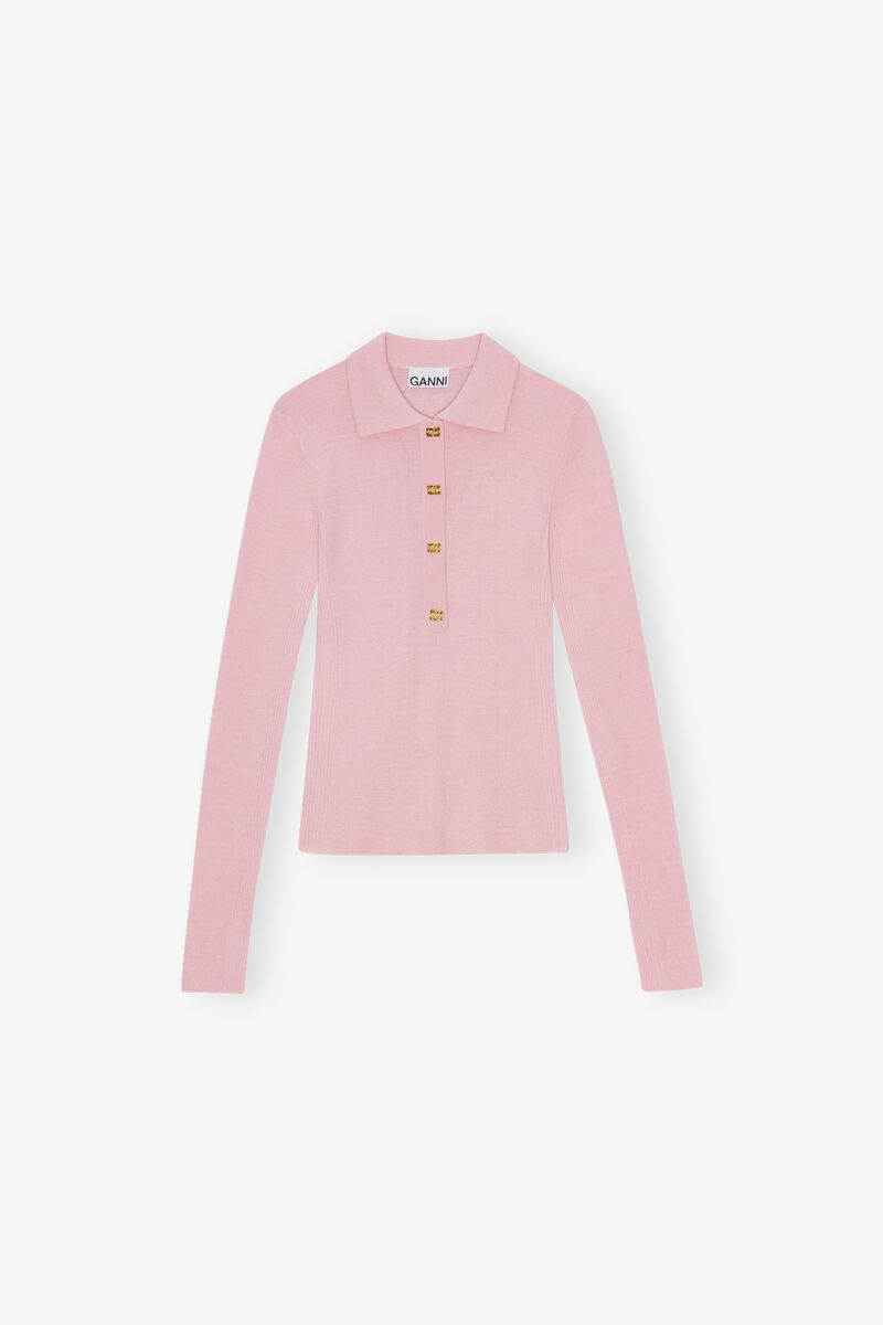 Pink Knitted Polo Shirt, Merino Wool, in colour Chalk Pink - 1 - GANNI