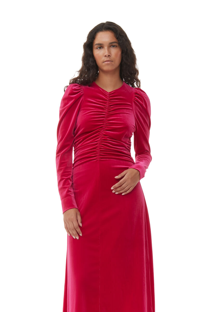 Red Velvet Jersey Gathered Long Dress, Recycled Polyester, in colour Love Potion - 2 - GANNI