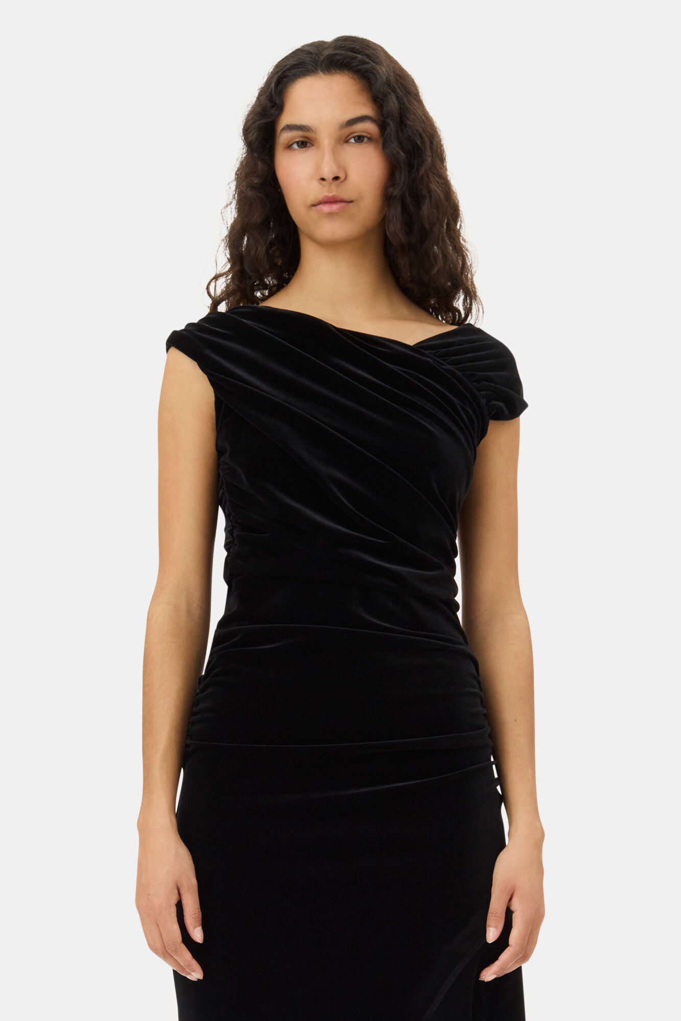 Black Velvet Ruched Dress, Recycled Polyester, in colour Black - 2 - GANNI