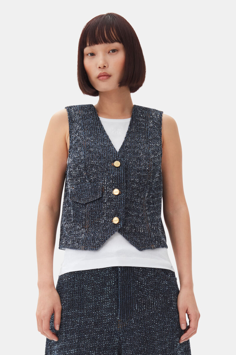 Dark Blue Textured Vest, Cotton, in colour Rinse - 1 - GANNI