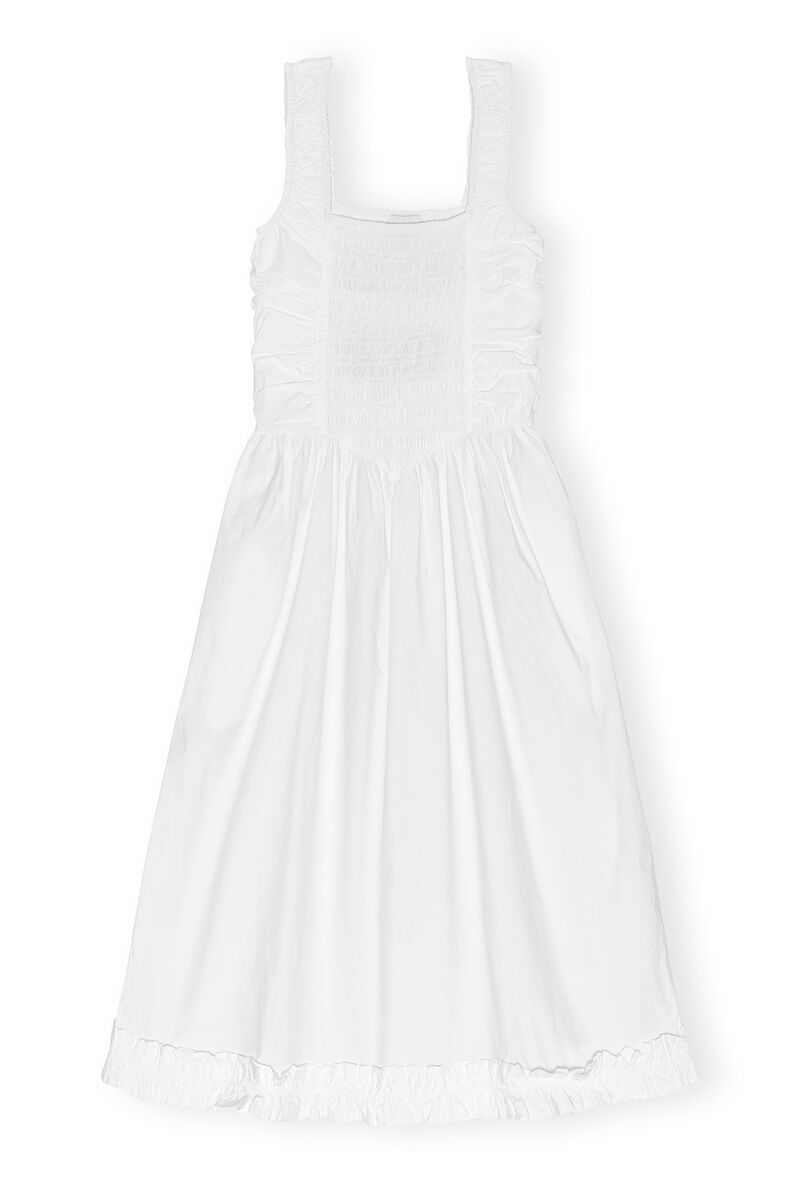 White Cotton Poplin Midi Strap Smock klänning, Cotton, in colour Bright White - 1 - GANNI