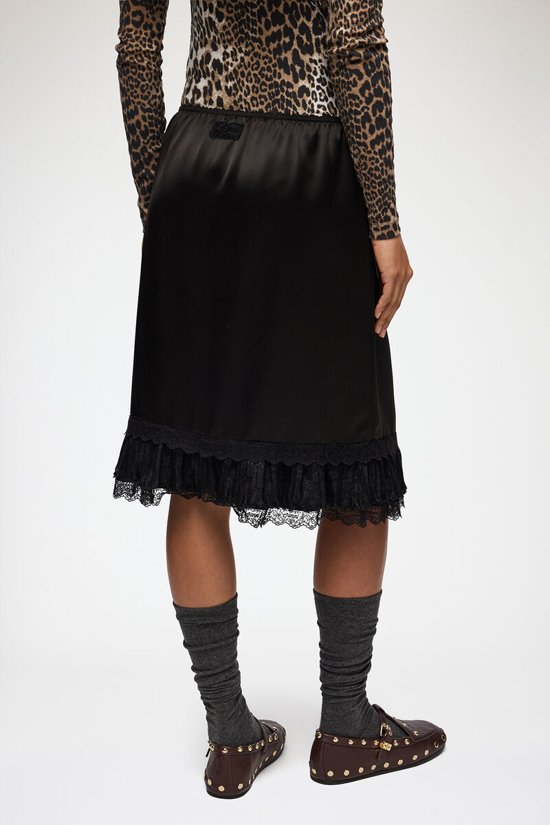 Skirt in Frill Satin, Acetate, in colour Black - 3 - GANNI