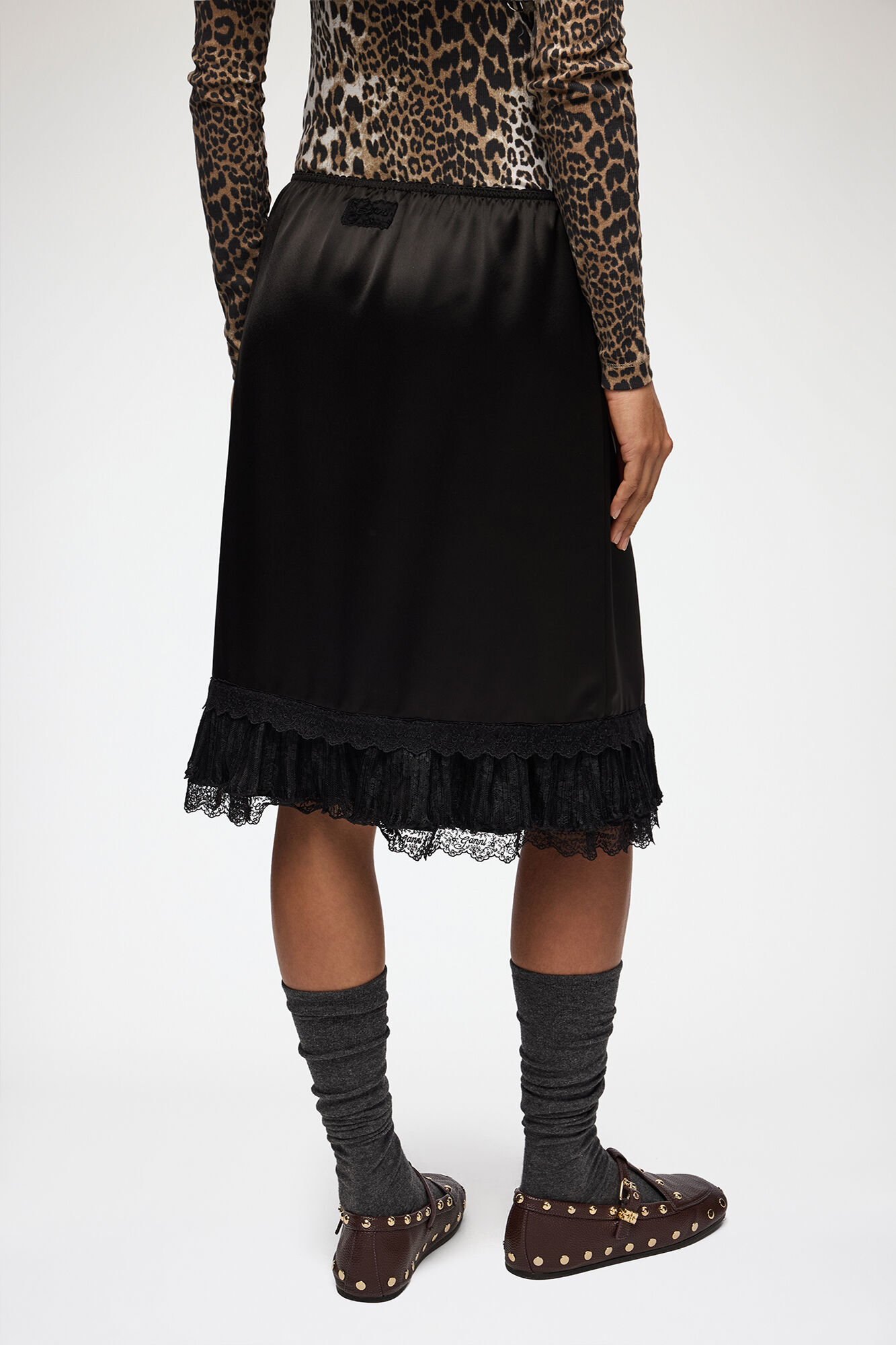 Skirt in Frill Satin, Acetate, in colour Black - 3 - GANNI