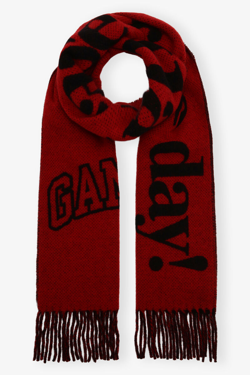 Red Fringed Wool Scarf, Recycled Wool, in colour Winery - 1 - GANNI