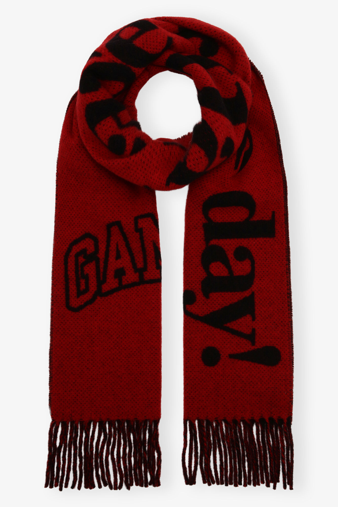 Red Fringed Wool Scarf, Recycled Wool, in colour Winery - 1 - GANNI