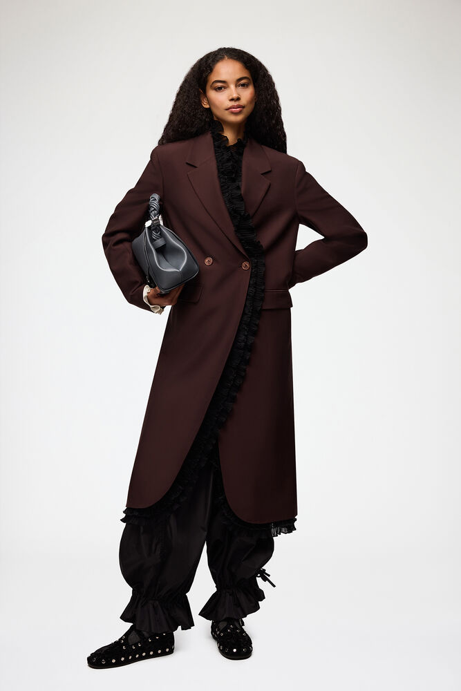 Long Blazer in Brown Wool, Chocolate Plum