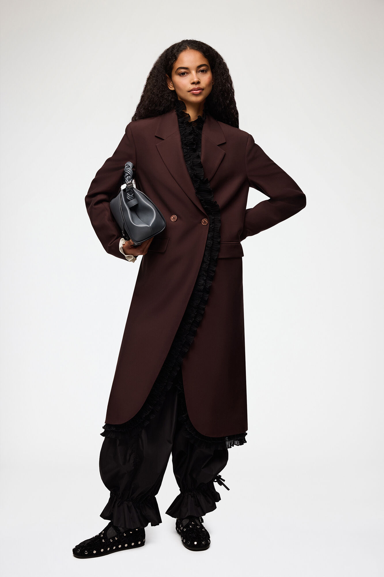 Lang blazer i brun ull, Viscose, in colour Chocolate Plum - 1 - GANNI