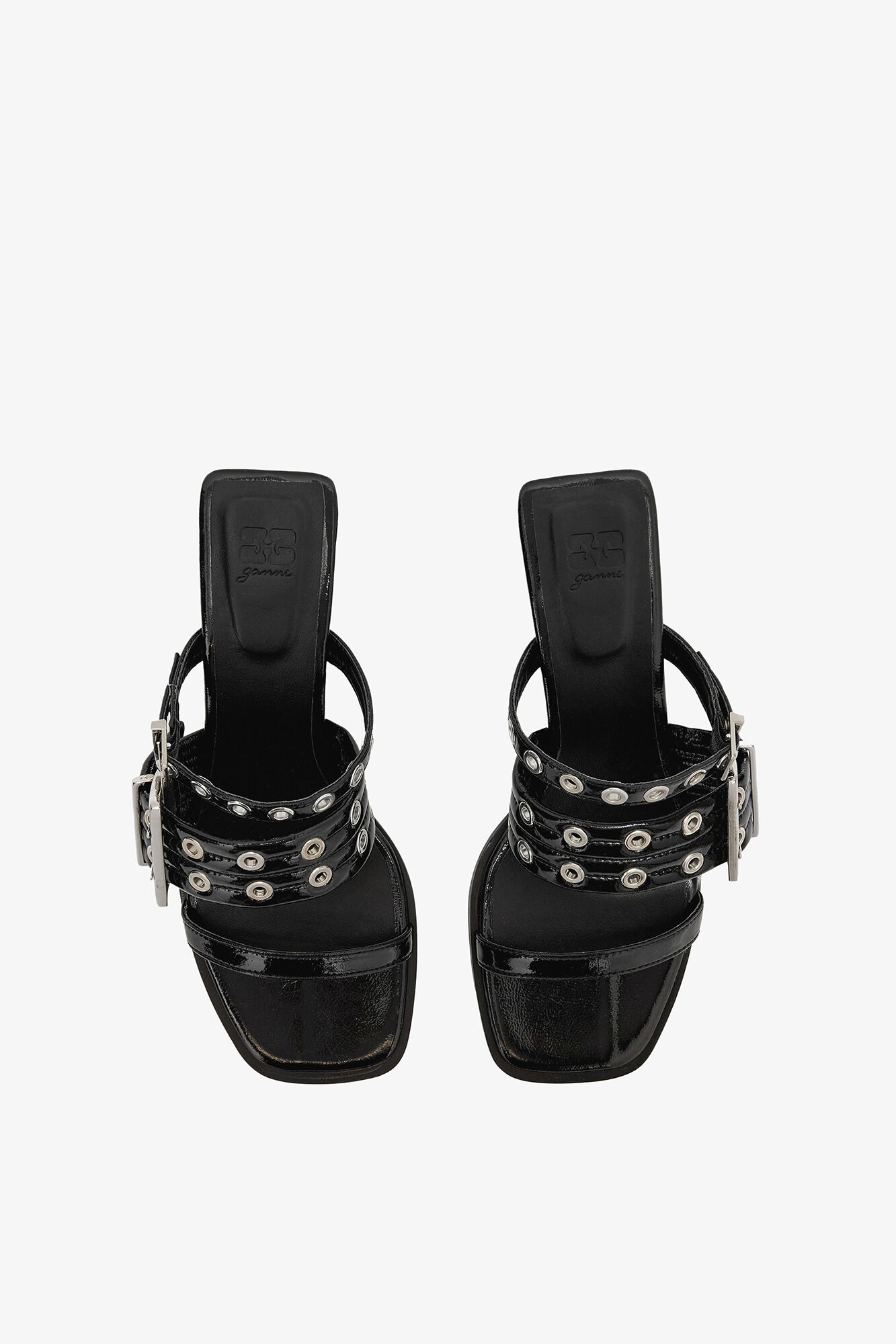 GANNI バックル フラットパンプス ブラックレザー ポインテッドトゥミュール Buckle Strap Mule in Black | GANNI US