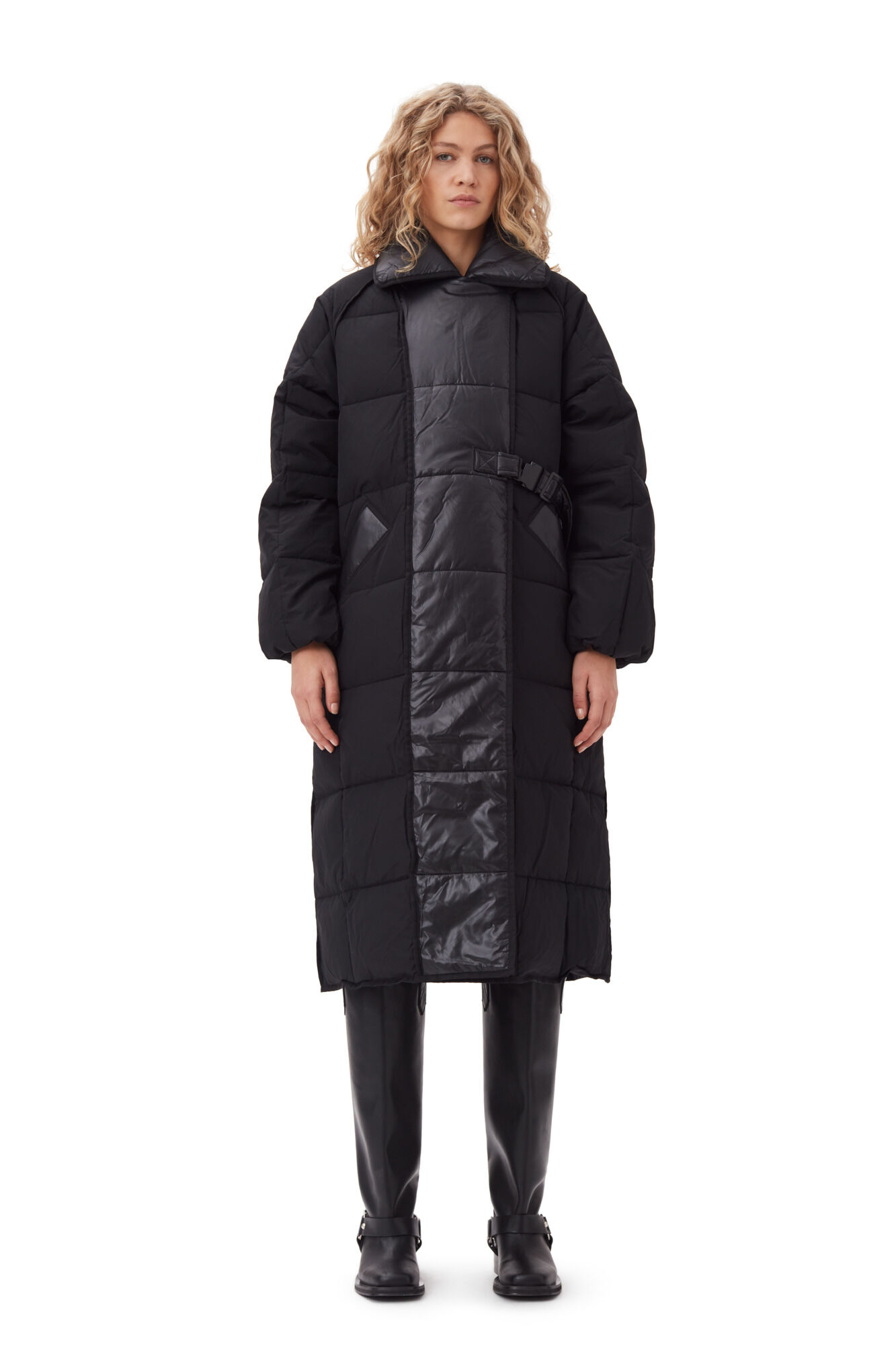Black Oversized Mix Puffer Coat, LENZING™ ECOVERO™, in colour Black - 1 - GANNI