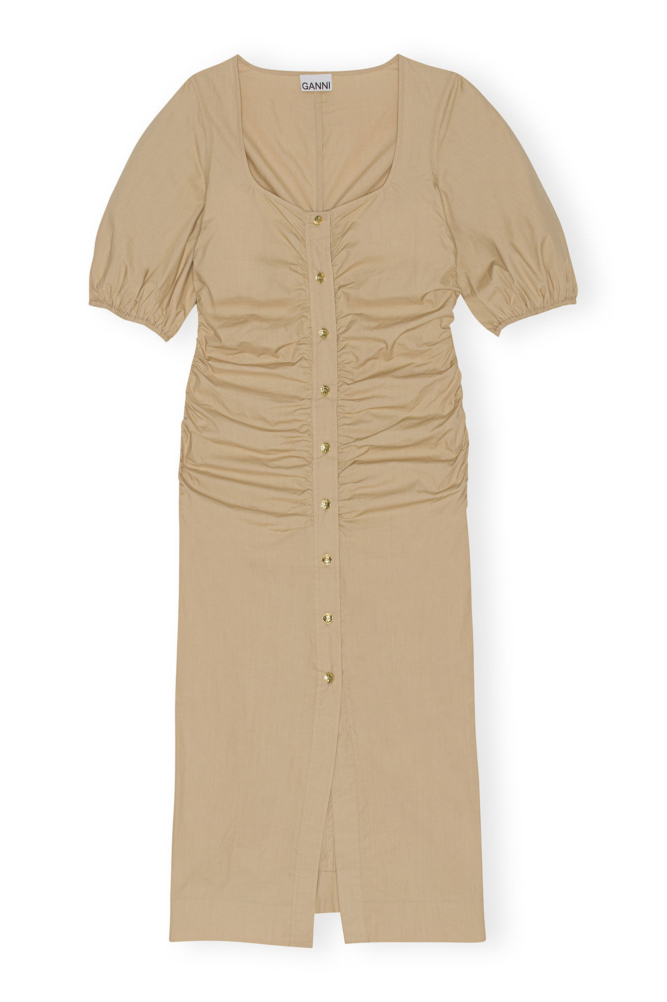 Cotton Poplin Gathered Open-neck Maxi Dress, Cotton, in colour Curds and Whey - 1 - GANNI