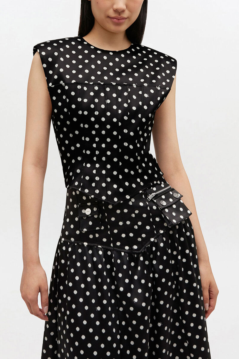 Polka-Dot Satin Corset Top, Recycled Polyester, in colour Black - 1 - GANNI