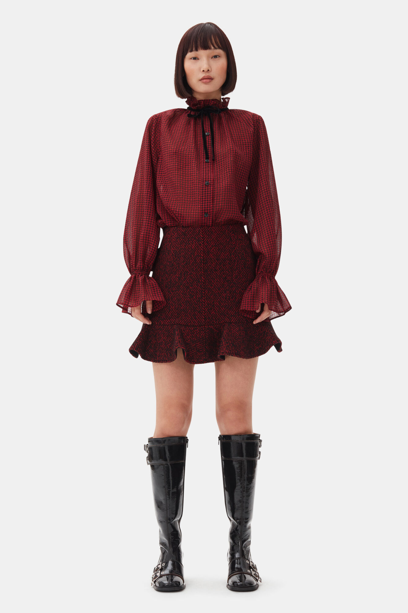 Red Herringbone Wool Mini Skirt, Acryl, in colour Winery - 1 - GANNI