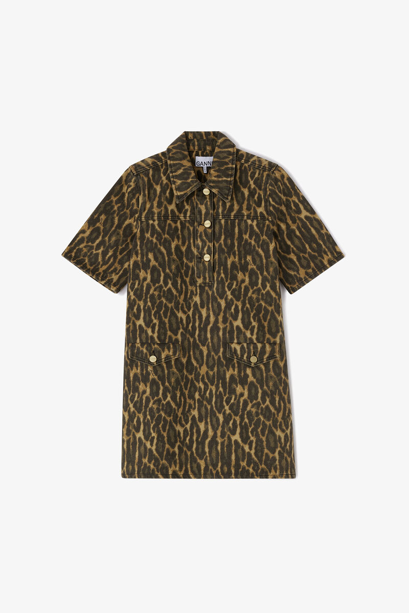 Dress in Leopard Denim, Organic Cotton, in colour Khaki - 1 - GANNI