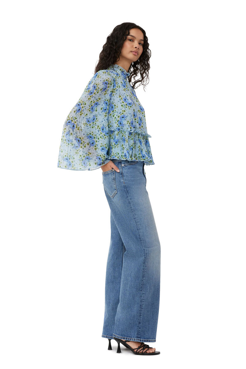 Pleated Georgette Blouse, Recycled Polyester, in colour Ice Water - 4 - GANNI