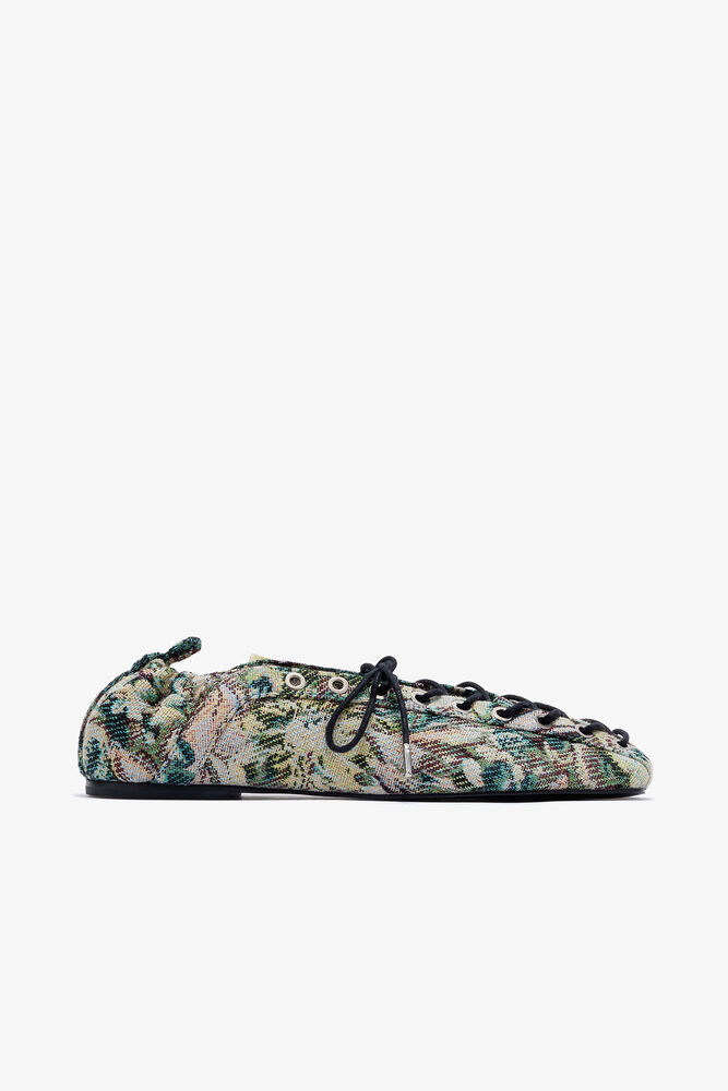 Tapestry Lace-Up Ballerinas, Jadeite