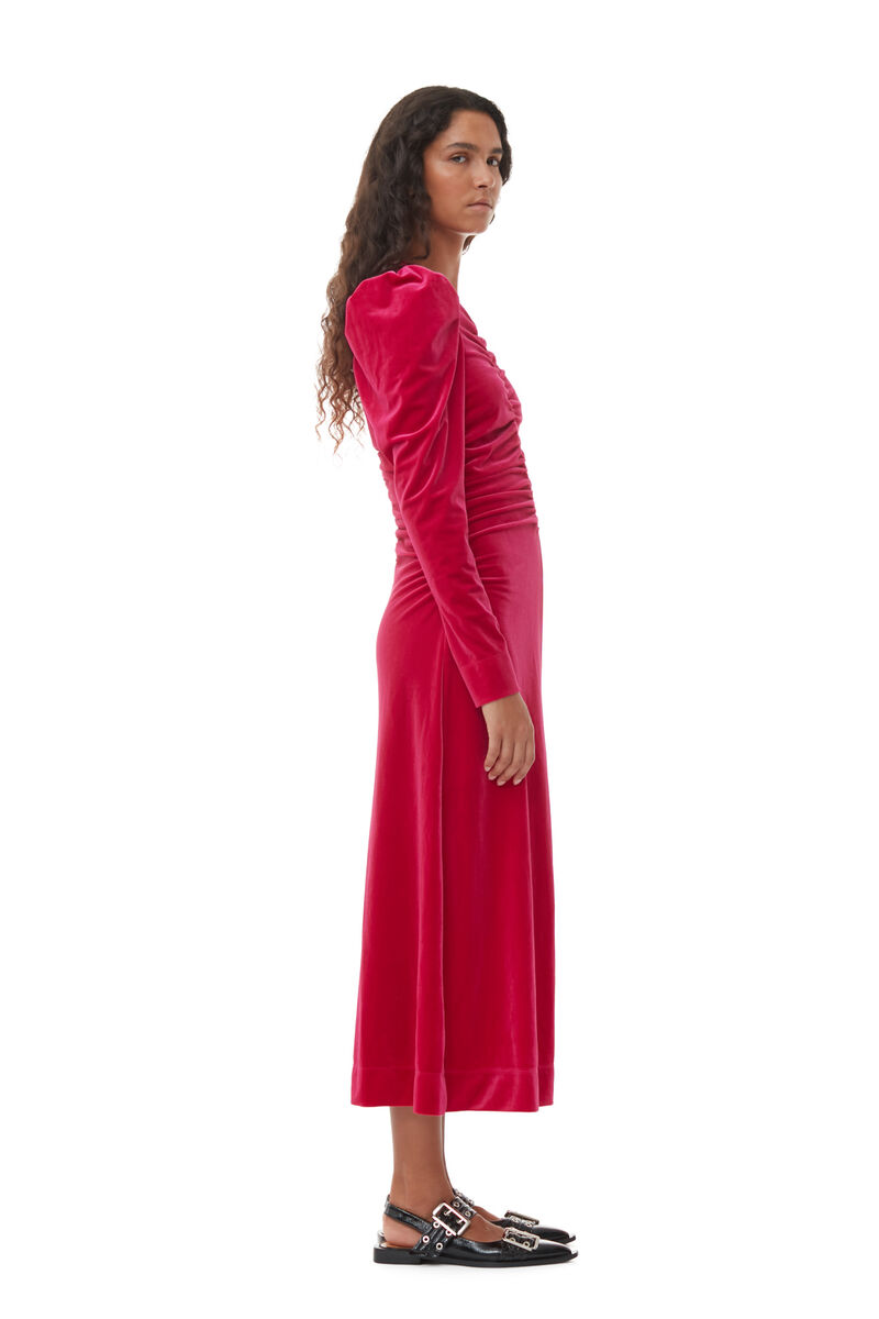 Red Velvet Jersey Gathered Long Dress, Recycled Polyester, in colour Love Potion - 3 - GANNI