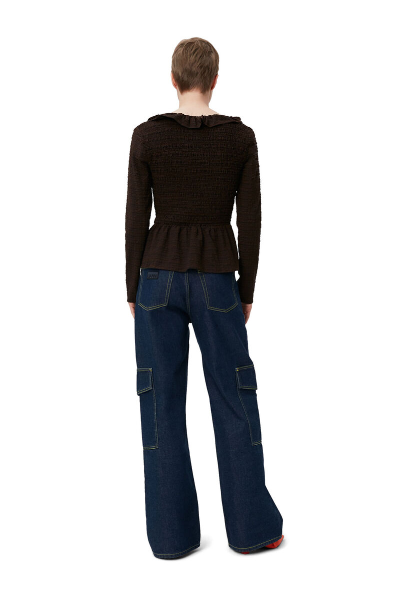 Gesmokte Seersucker-Bluse mit offenem Ausschnitt, Elastane, in colour Chicory Coffee - 2 - GANNI