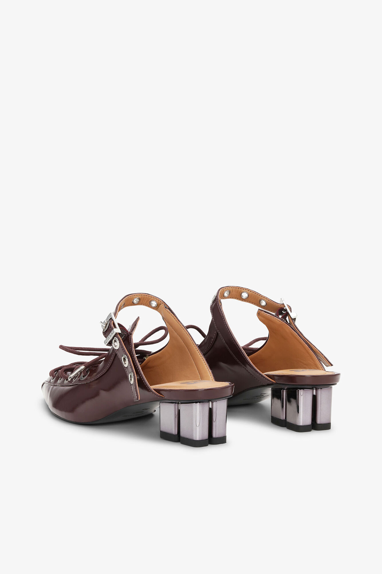 Lace-Up Mules in Brown Oleatex, Oleatex&trade;, in colour Tawny Port - 3 - GANNI