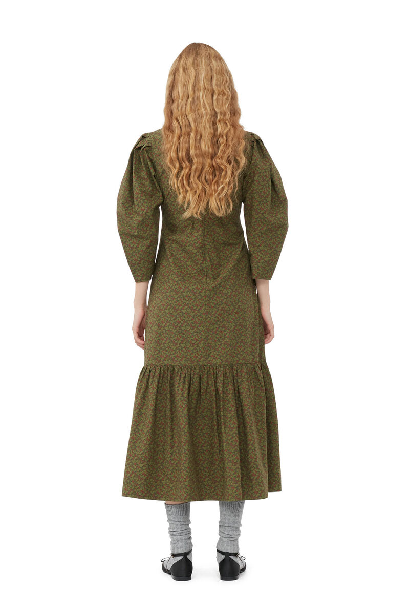 Printed Cotton V-neck Maxi Dress, Cotton, in colour Avocado - 3 - GANNI