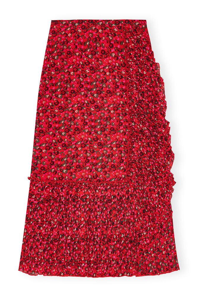 Red Pleated Georgette Flounce Midi Skirt, Racing Red