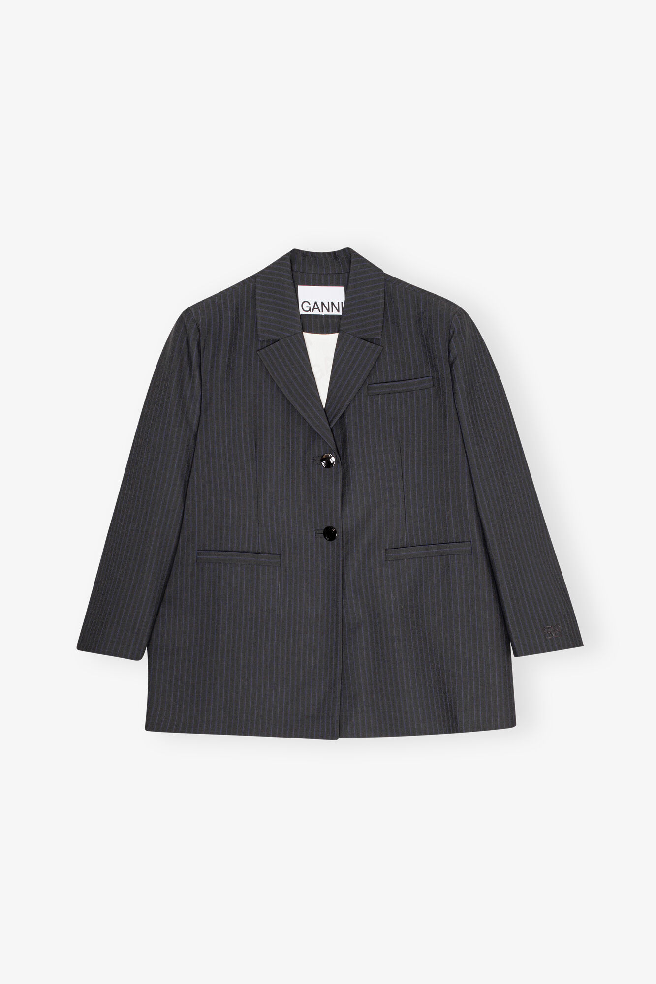 Charcoal Stripe Suiting Oversized Blazer, Elastane, in colour Phantom - 1 - GANNI