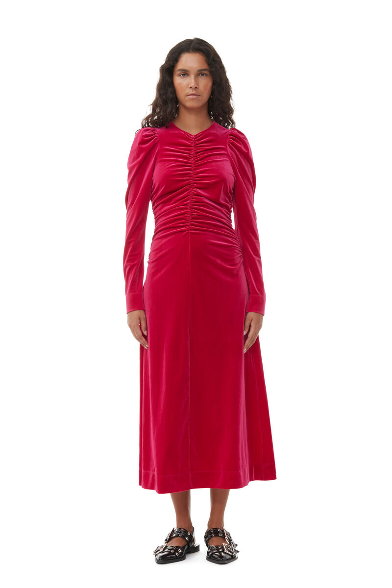 Red Velvet Jersey Gathered Long Dress, Recycled Polyester, in colour Love Potion - 1 - GANNI