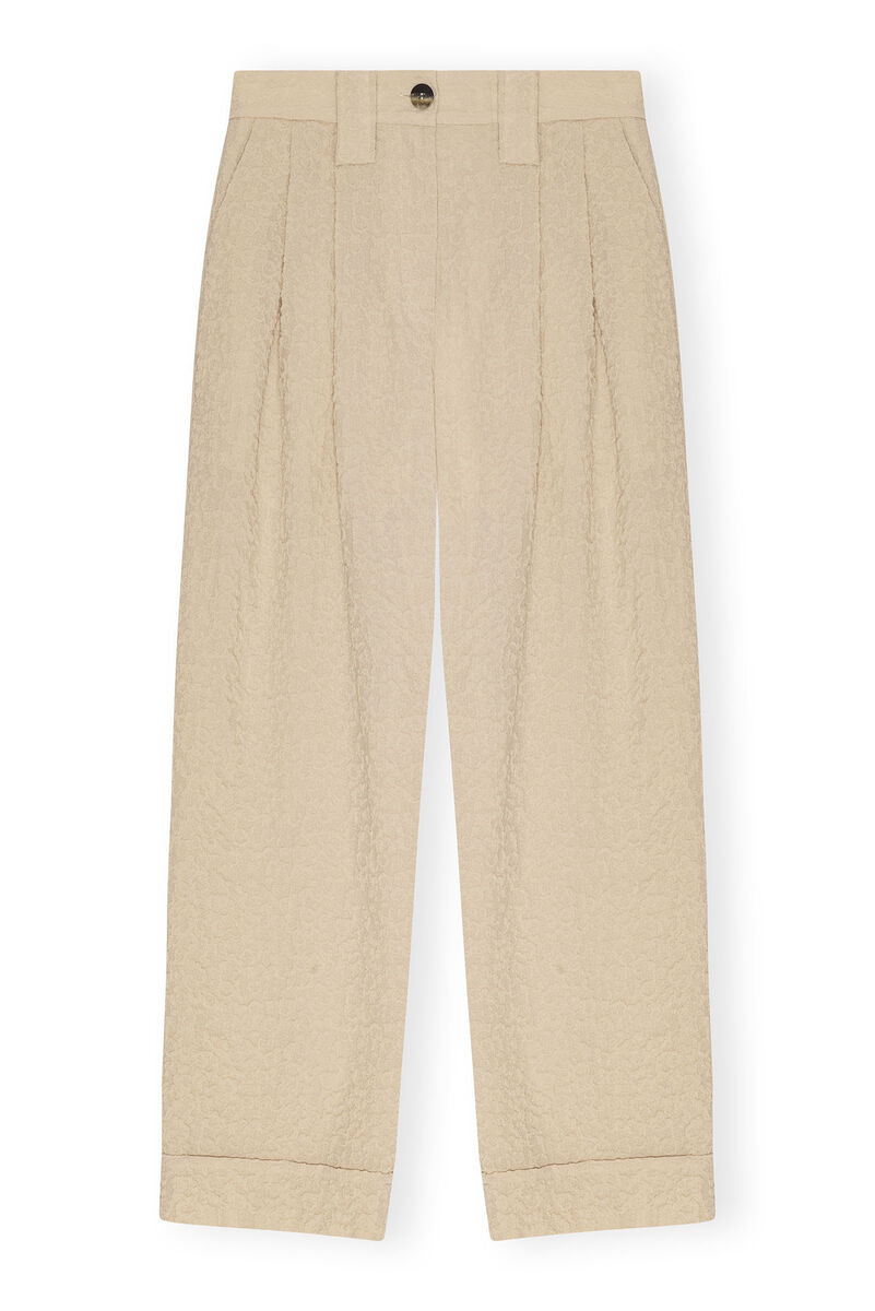 Beige Textured Suiting Mid Waist Pants, Polyester, in colour Oyster Gray - 1 - GANNI