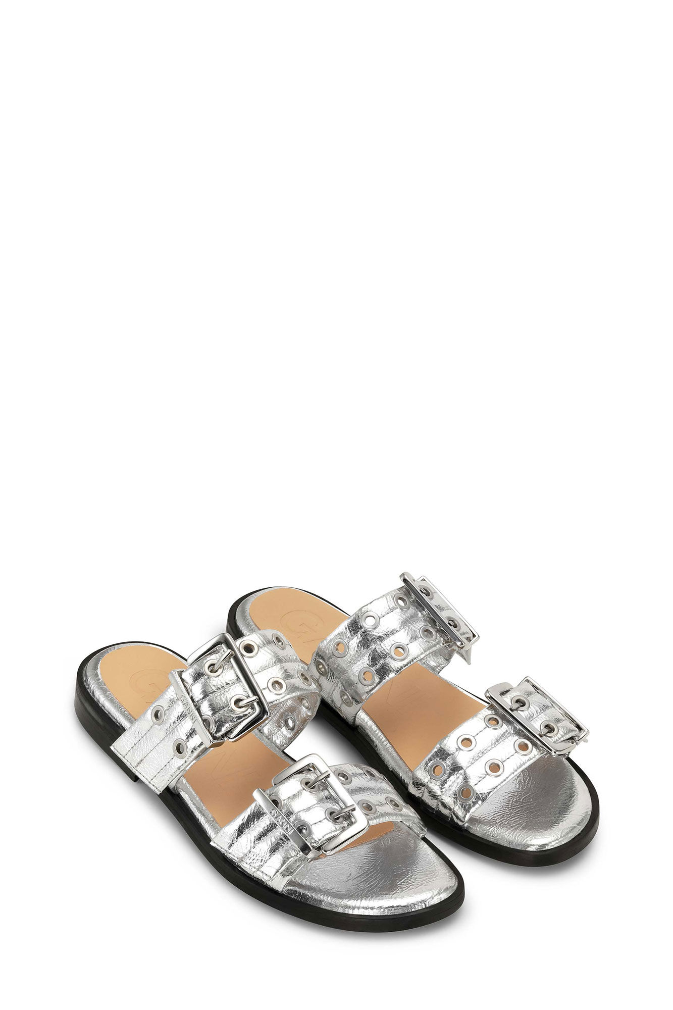 Silver Metallic Feminine Buckle Two-Strap Sandals, Polyurethane, in colour Silver - 2 - GANNI