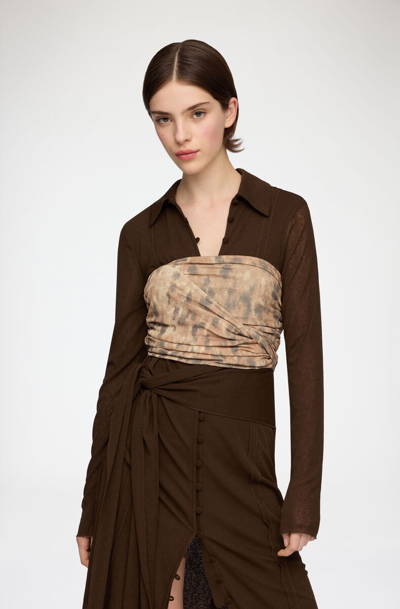 Bandeautop i printet marl mesh, Recycled Polyester, in colour Burro - 2 - GANNI