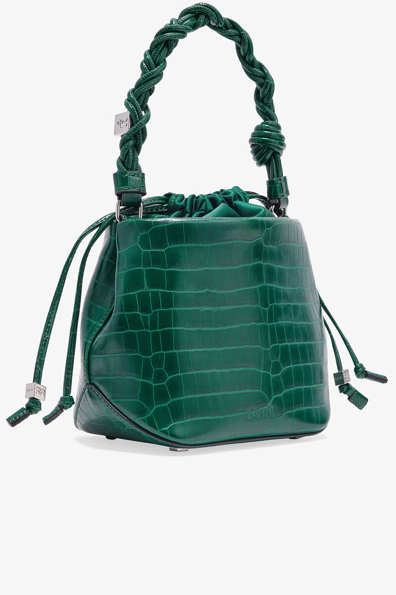 Green Patent Croco Bou Bucket Bag, Lyocell, in colour Pineneedle - 2 - GANNI