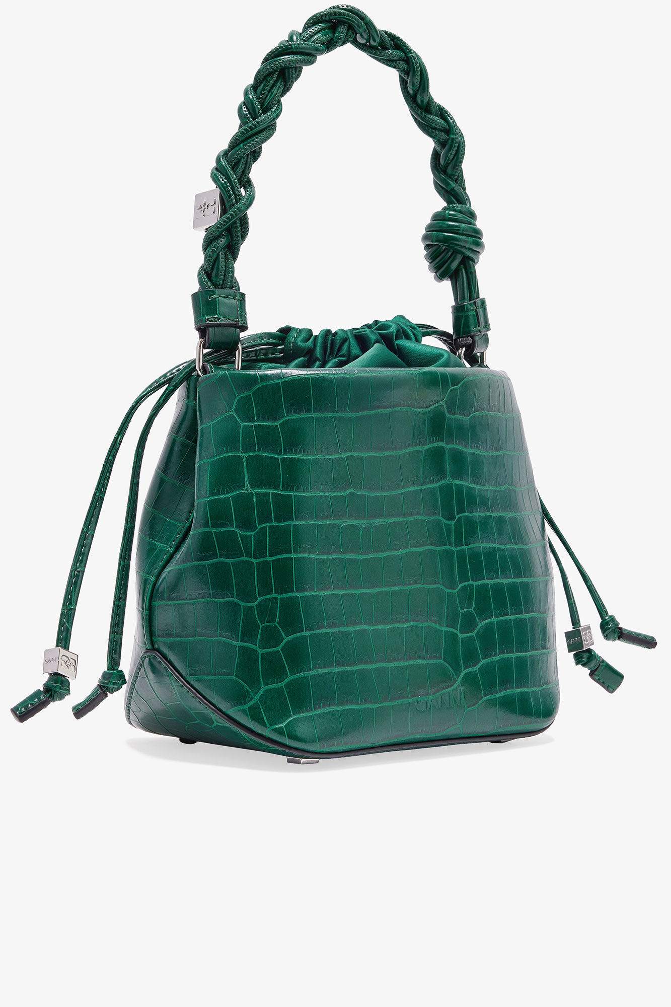 Green Patent Croco Bou Bucket Bag, Lyocell, in colour Pineneedle - 2 - GANNI