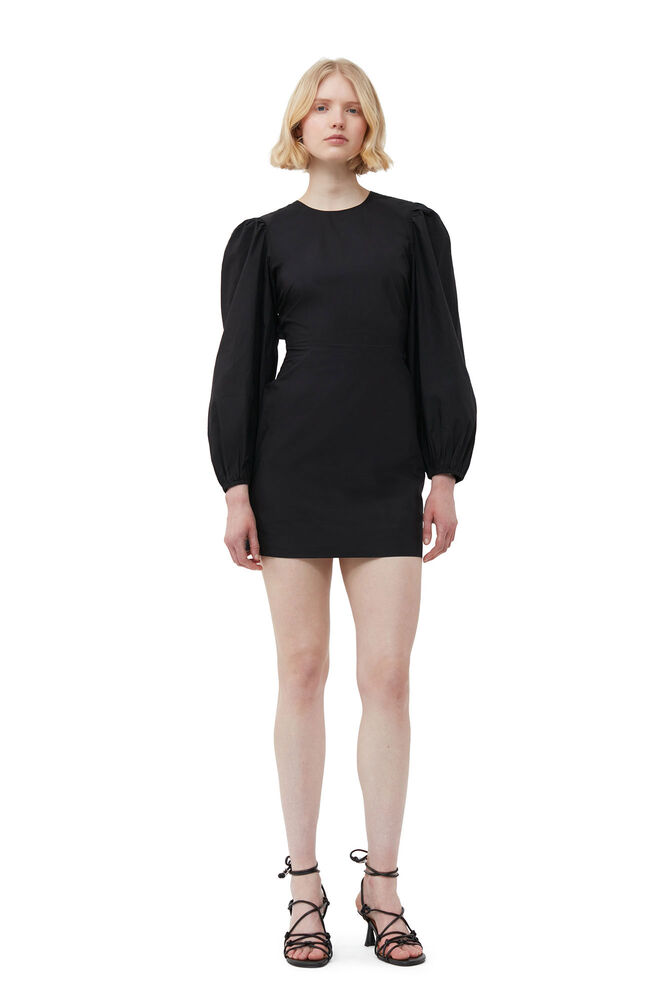 Cotton Poplin Open Back Mini Dress, Black