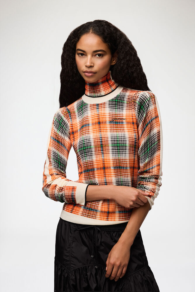 Turtleneck in Check Merino, Russet Orange