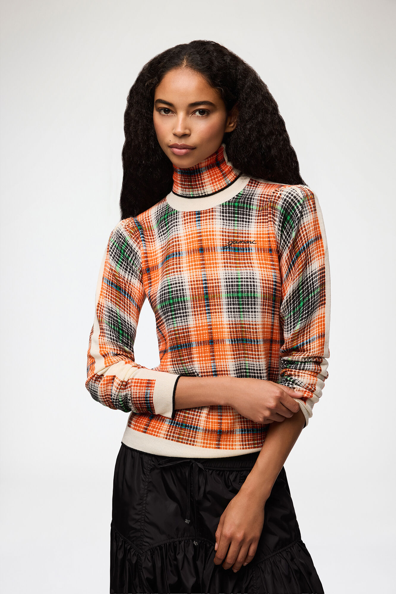 Turtleneck in Check Merino, Merino Wool, in colour Russet Orange - 1 - GANNI