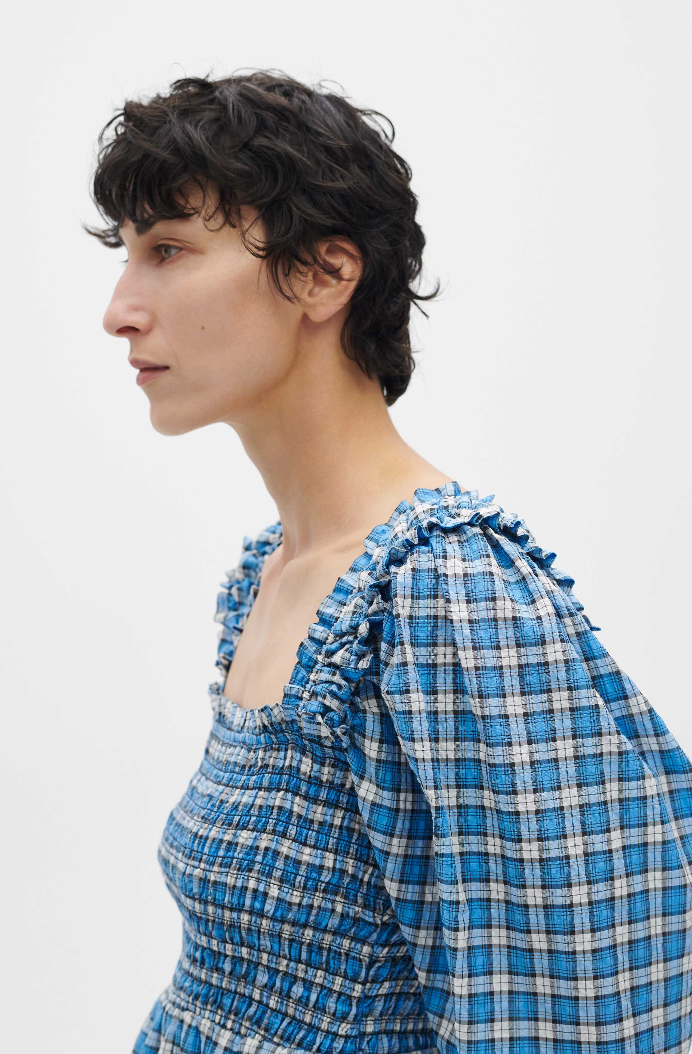 Check Azure Blue Seersucker Shirred 